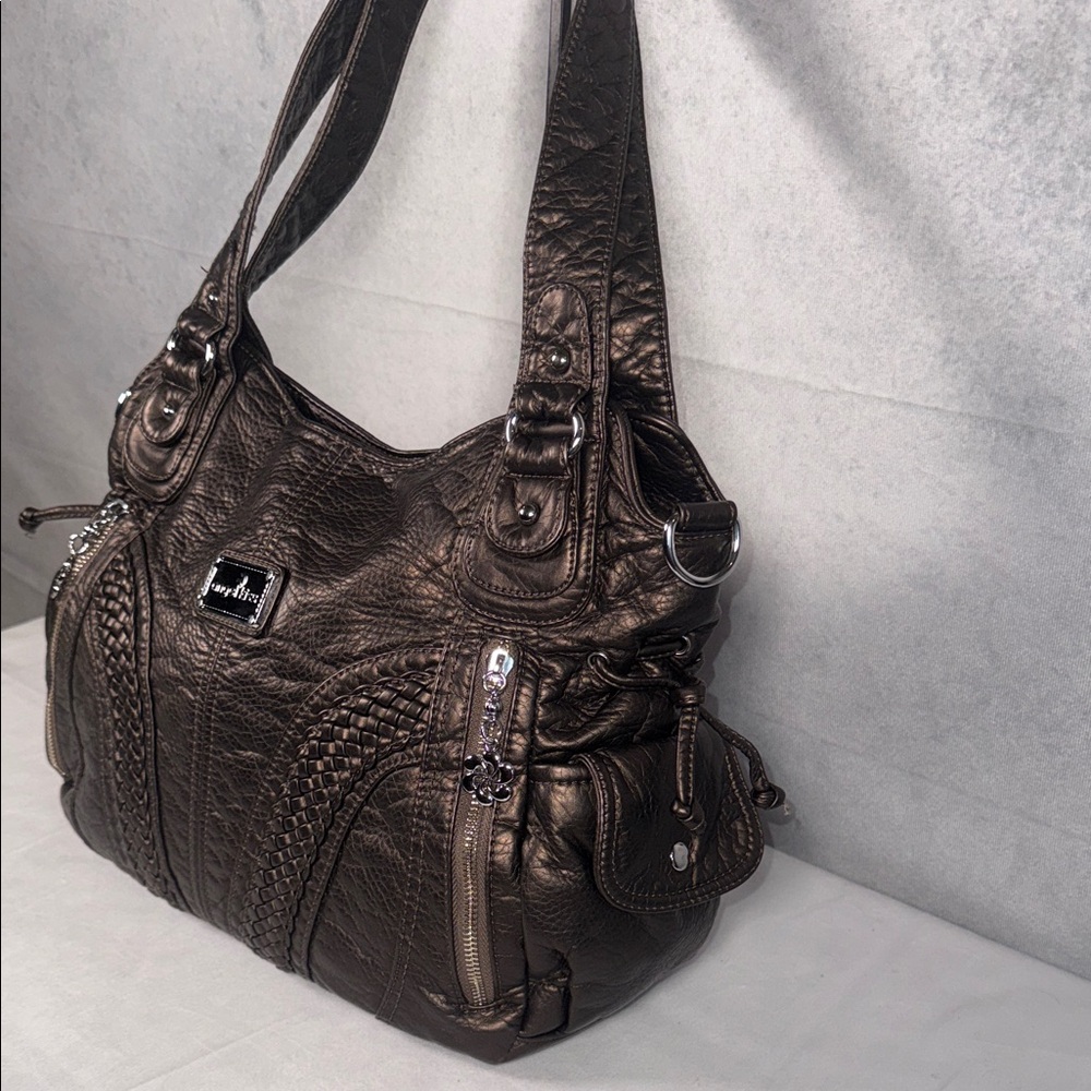 Angel Kiss Metallic Bronze Shoulder Bag with Braided Accents - Picture 2 of 9